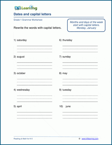 Grade 1 grammar worksheet on using capital letters in dates