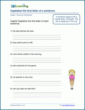 Grade 1 grammar worksheet on using capital letters to start sentences