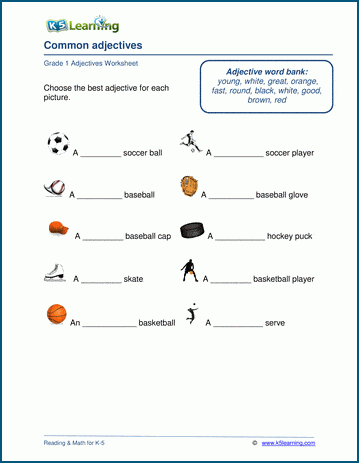 Grade 1 grammar worksheet on common adjectives