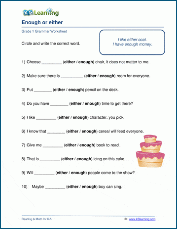 Grade 1 grammar worksheet on the demonstratives: enough and either