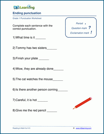 Grade 1 grammar worksheet on ending punctuation