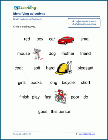 Grade 1 grammar worksheet on identifying adjectives