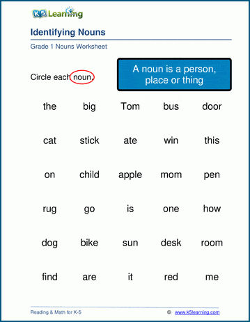 Grade 1 grammar worksheet on identifying nouns