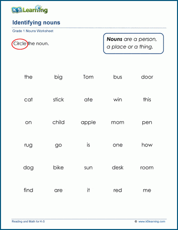 Identifying nouns worksheets for grade 1 | K5 Learning