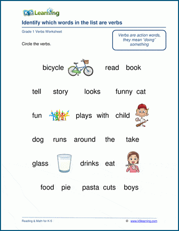 Grade 1 grammar worksheet on identifying verbs