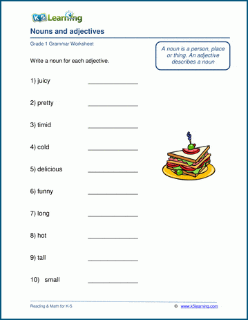 Grade 1 grammar worksheet on nouns and adjectives 