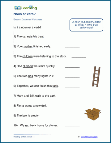 Grade 1 grammar worksheet on distinguishing between nouns and verbs 