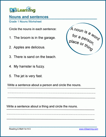 Grade 1 grammar worksheet on nouns and sentences 