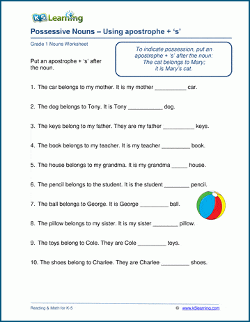 Grade 1 grammar worksheet on possessive nouns