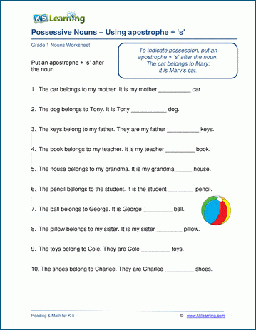 worksheet grade 1 free for on nouns Possessive Learning  K5 Worksheets Nouns