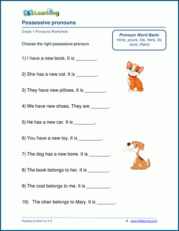 Grade 1 grammar worksheet on possessive pronouns