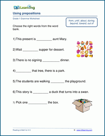 Grade 1 grammar worksheet on prepositions