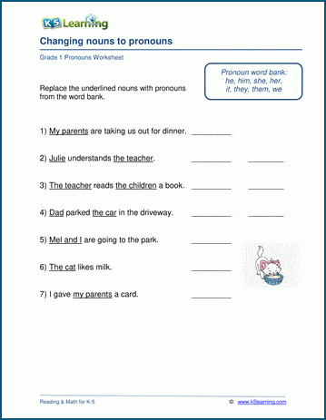 Grade 1 grammar worksheet on changing nouns to pronouns