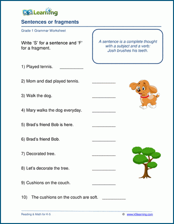 Grade 1 grammar worksheet on sentence fragments