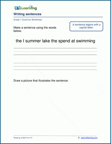 Grade 1 grammar worksheet on writing sentences