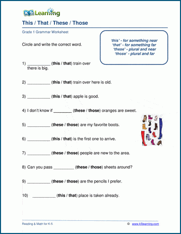 Grade 1 grammar worksheet on the demonstratives: this, that, these, those
