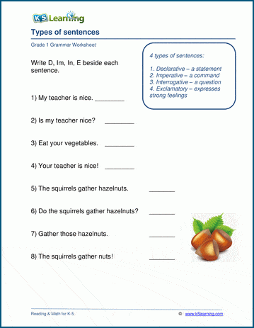 Grade 1 grammar worksheet on sentence types