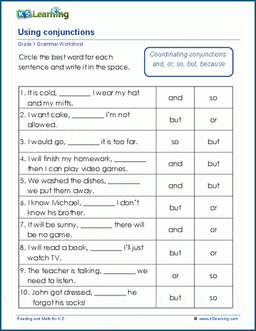 Grade 1 grammar worksheet on combining sentences with conjunctions