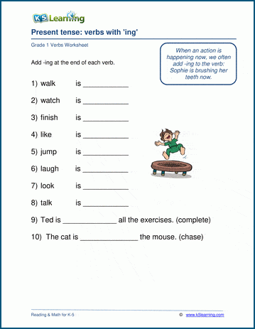 Grade 1 grammar worksheet on verbs ending in ing