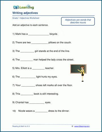 Grade 1 grammar worksheet on writing adjectives