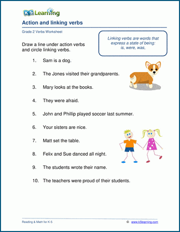 Grade 2 grammar worksheet on action verbs and linking verbs