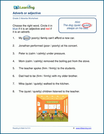Grade 2 grammar worksheet on adverbs and adjectives