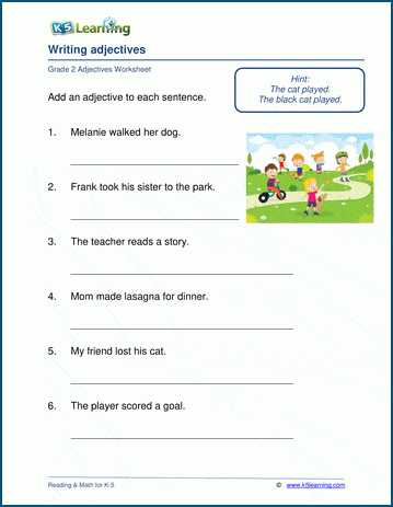 Grade 2 grammar worksheet on writing adjectives