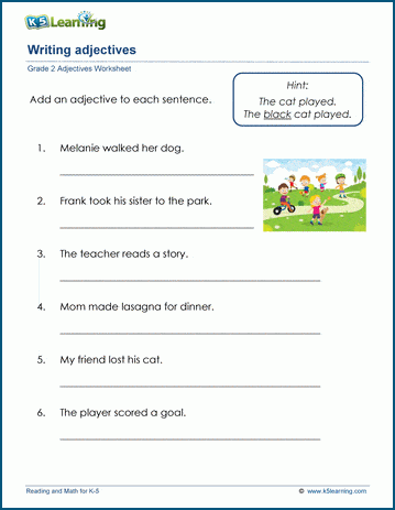 Writing adjectives worksheets for grade 2 | K5 Learning