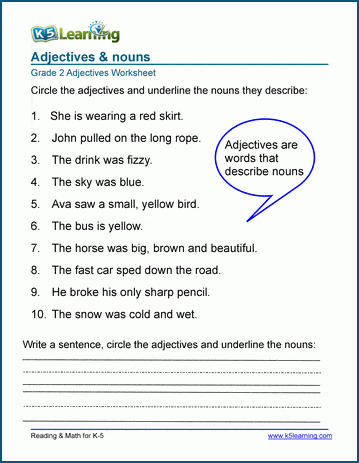 Grade 2 grammar worksheet on identifying adjectives and nouns