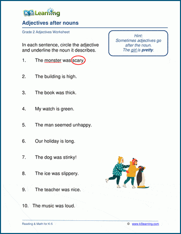 Grade 2 grammar worksheet on identifying adjectives which follow nouns