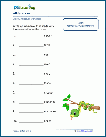 Grade 2 grammar worksheet on adjectives and alliterations