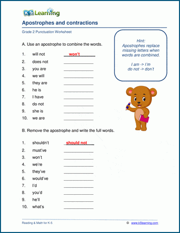 Grade 2 grammar worksheet on forming contractions with apostrophes