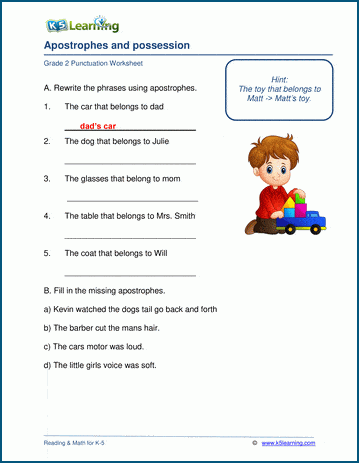 Grade 2 grammar worksheet on using apostrophes to show possession