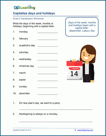 Grade 2 grammar worksheet on capitalizing days, months and holidays