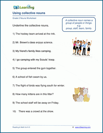 Grade 2 grammar worksheet on collective nouns