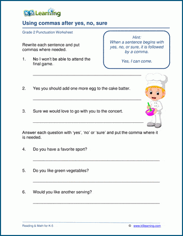 Grade 2 grammar worksheet on using commas after yes, no, sure
