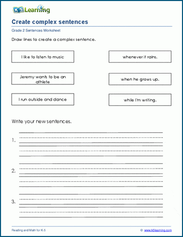 Grade 2 grammar worksheet on complex sentences