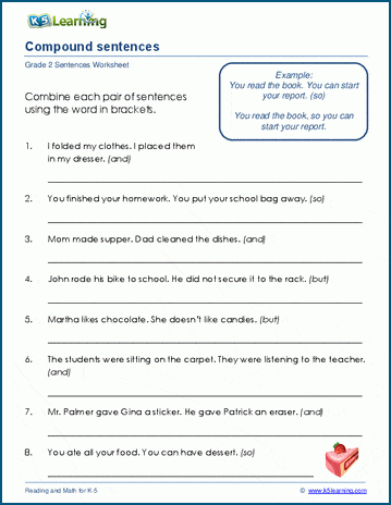Grade 2 grammar worksheet on writing compound sentences