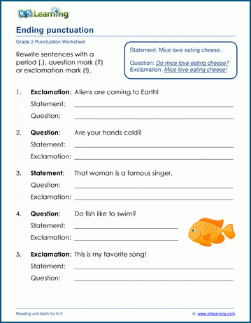 Grade 2 grammar worksheet on ending punctuation