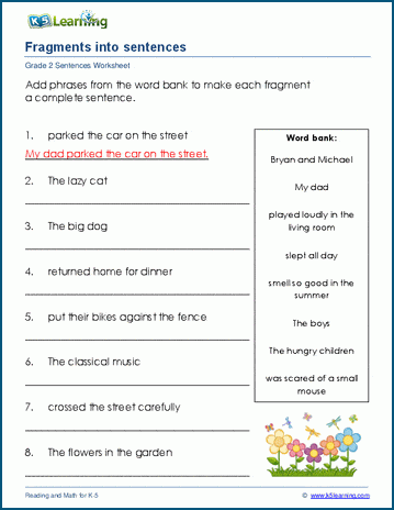 Grade 2 grammar worksheet on changing fragments into full sentences