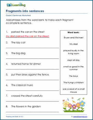 Fix fragments into sentences worksheets