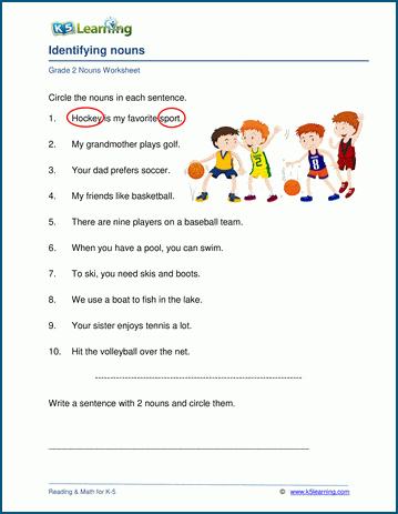Grade 2 grammar worksheet on identifying nouns