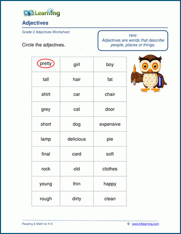 Grade 2 grammar worksheet on identifying adjectives
