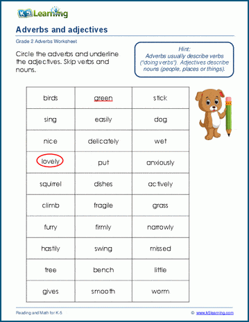 Grade 2 grammar worksheet on identifying adverbs and adjectives