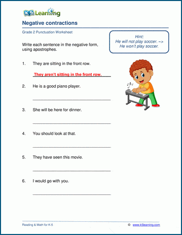 Grade 2 grammar worksheet on negative contractions