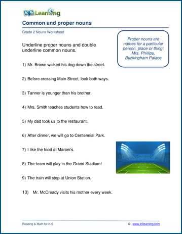 Grade 2 grammar worksheet on common and proper nouns