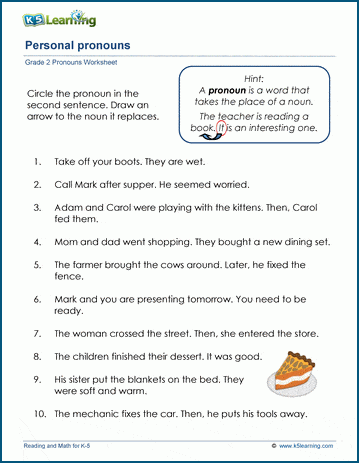 Personal pronouns worksheets for grade 2 students | K5 Learning
