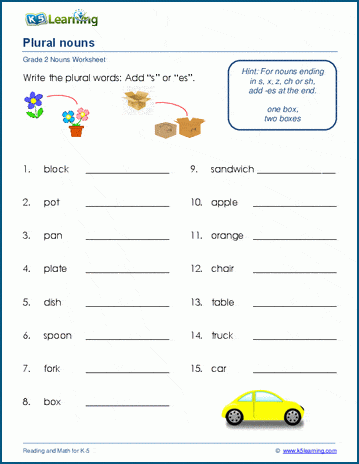 Grade 2 grammar worksheet on plural nouns