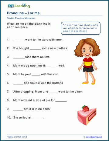 Grade 2 grammar worksheet on the pronouns I and me