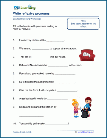 Grade 2 grammar worksheet on writing reflexive pronouns